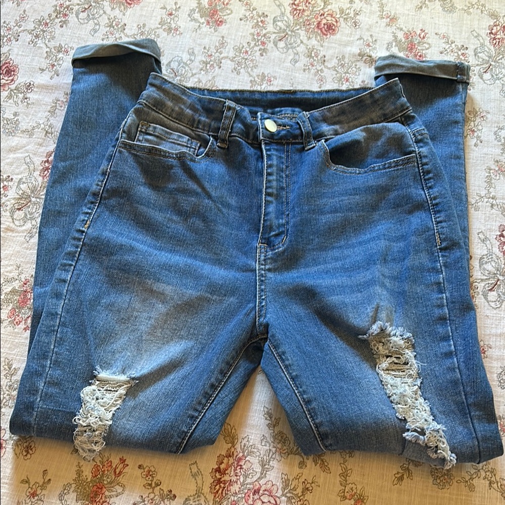SHEIN Blue Skinny Distressed Jeans